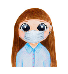 Girl, brunette in a protective mask. Cartoon portrait of watercolor on a white background.