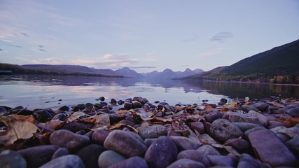 Autumn scene and close up of leaves and rocks at Lake McDonald in Montana