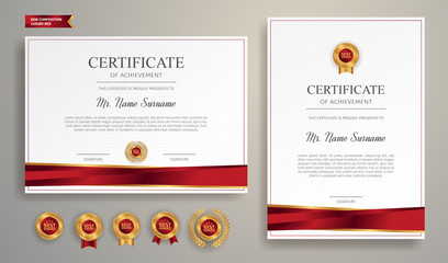 Certificate of appreciation template, gold and red color. Clean modern certificate with gold badge. Certificate border template with luxury and modern line pattern. Diploma vector template