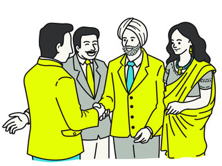 Businessman making handshake with Indian businesspeople, vector illustration character.