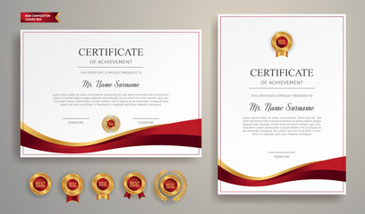 Certificate of appreciation template, gold and red color. Clean modern certificate with gold badge. Certificate border template with luxury and modern line pattern. Diploma vector template