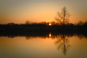 Naklejka na ściany i meble Chorzow Śląskie Poland. Sunset on the lake.