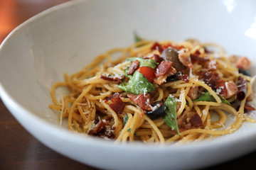Dried Chili and Bacon Spaghetti on wood background