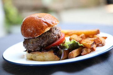 homemade Hamburger with fried in close up