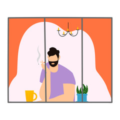 smoker. a person smokes at home near the window. vector image of a person in a window