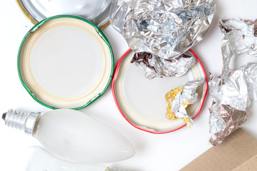 household trash top view on a white background