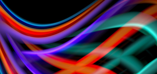 Abstract silk smooth lines on black, multicolored liquid fluid rainbow style waves on black