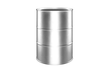 Silver metal barrel white background isolated close up, one round oil drum, steel keg, tin food can, canister, aluminium cask, petroleum storage packaging, fuel container, gasoline tank, canned goods