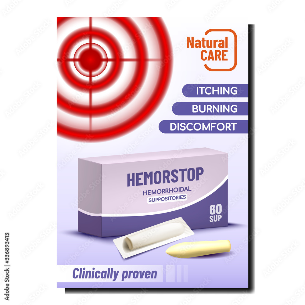 Sticker Hemorrhoids Suppositories Poster Vector. Treatment Suppositories Package And Aim Target Circle Pain Localization. Natural Care Hemorrhoid Problem Template Realistic 3d Illustration