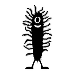 Creature silhouette is a funny fluffy cucumber with one eye and mouth. Standing on legs. Isolated vector on a white background.