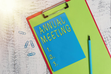 Conceptual hand writing showing Annual Meeting. Concept meaning yearly meeting of the general...