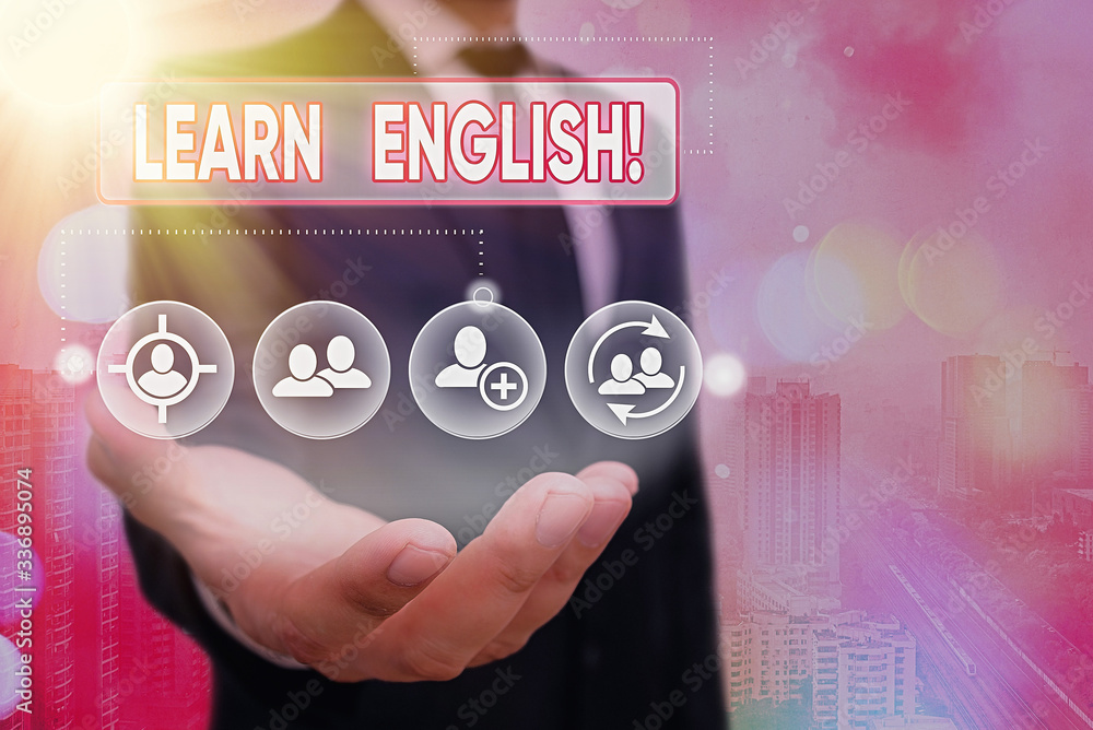 Poster word writing text learn english. business photo showcasing gain acquire knowledge in new language by