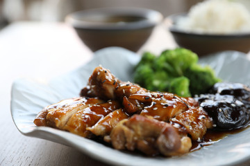 japanese food , Chicken teriyoki with rice on wood background