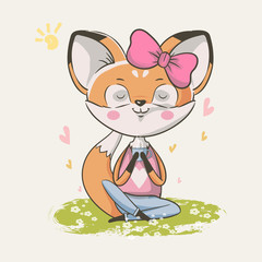 hand drawn cute little fox girl with tea cup