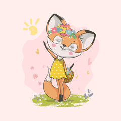 hand drawn cute little fox with flowers