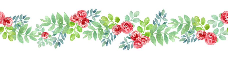 Watercolor floral pattern of roses and green leaves. Hand-drawn illustration isolated on white background. Herbal bloom border.