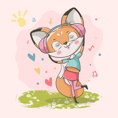 hand drawn cute little fox girl listening music