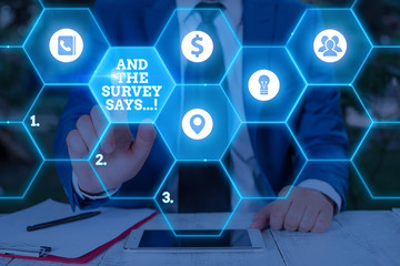 Text sign showing And The Survey Says. Business photo showcasing written spoken results of short...