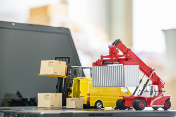 Logistics, supply chain and delivery service concept :  Reach stacker carry a container. Forklift,...