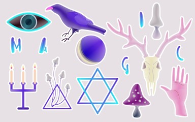Poster with magic items in neon blue, pink and purple colors. Stickers and stripes with symbols and elements of divination and fortune-telling on a light gray background. All objects are grouped and i