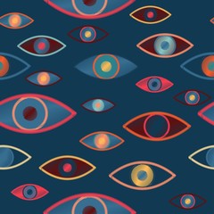 Seamless vector pattern with magical, witchcraft multi-colored eyes on a violet, blue background. Imitation of embroidery with threads on fabric.