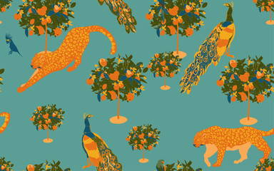 A garden with orange trees in bloom in which tame leopards, peacocks and cockatoo parrots walk on a white background. Seamless pattern with tropical animals and plants. © Galina Trenina