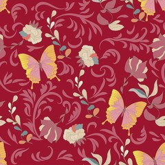 Fototapeta premium Seamless vector floral pattern of butterflies and inflorescences of flowers in elegant curls on a turquoise, light blue background.