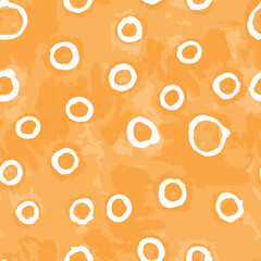White circles on orange grunge watercolor background seamless vector pattern for fabric, wallpaper, scrapbooking, fashion, invitation cards or backgrounds.
