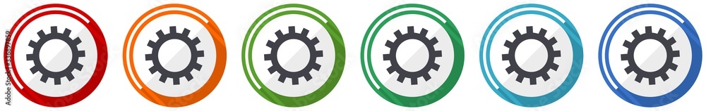 Aufkleber gear icon set, cogwheel flat design vector illustration in 6 colors options for webdesign and mobile