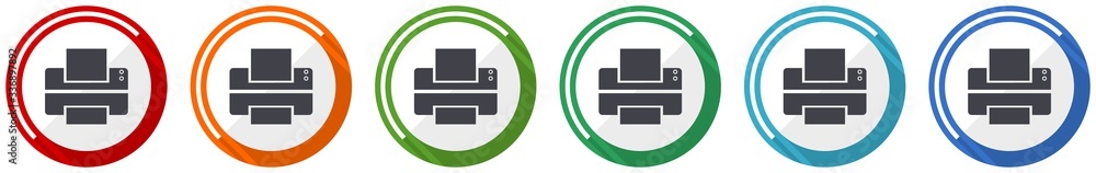 Aufkleber printer icon set, print flat design vector illustration in 6 colors options for webdesign and mobile