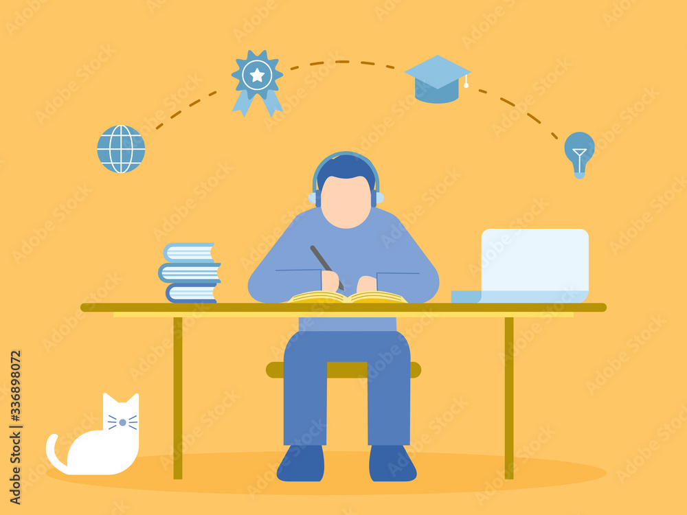 Aufkleber man sitting at desk. learning online course with laptop. illustration about e-learning and online co