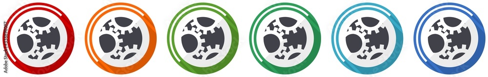Poster Gear icon set, flat design vector illustration in 6 colors options for webdesign and mobile applications