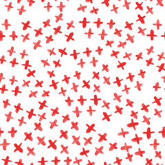 Fototapeta na wymiar Hand painted red cross motives seamless vector texture. Watercolor brush strokes on white background for fabric, wallpaper, cards, fashion or backgrounds.