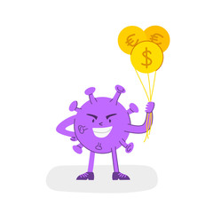 Coronavirus covid-19 economic crisis concept - angry virus grabs gold coin or money, evil bacterium and global financial situation - funny flat cartoon character spot illustration - vector