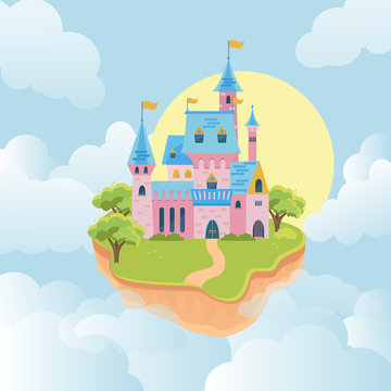 castle in sky. fairytale medieval building in flying island. Pink walls and towers kingdom architectural object in sky. Vector illustration of fortress