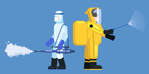 Mans edical scientists in chemical protection suit disinfects spray to cleaning and disinfect virus Covid-19