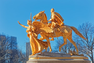 NEW YORK, USA - JANUARY 15, 2018: Sherman Memorial gilded bronze sculpture on Grand Army Plaza in winter season. - obrazy, fototapety, plakaty