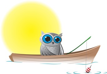 Owl with blue eyes in a boat fishing on a fishing rod on a sunny day in the fog