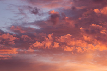 Naklejka na ściany i meble Wonderful golden, purple and pink fluffy clouds in blue sky as abstract background, texture.