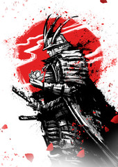 A thoughtful samurai in armor and helmet, with a Lotus flower in his hand, stands in profile against the red sun. 2D illustration