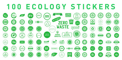 Set of 100 ecology various badges, stickers, symbols and emlems. Environment protection. Vector illustration. Eps 10.