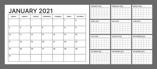 Wall calendar template for 2021 year. Planner diary in a minimalist style. Week Starts on Sunday. Monthly calendar ready for print.