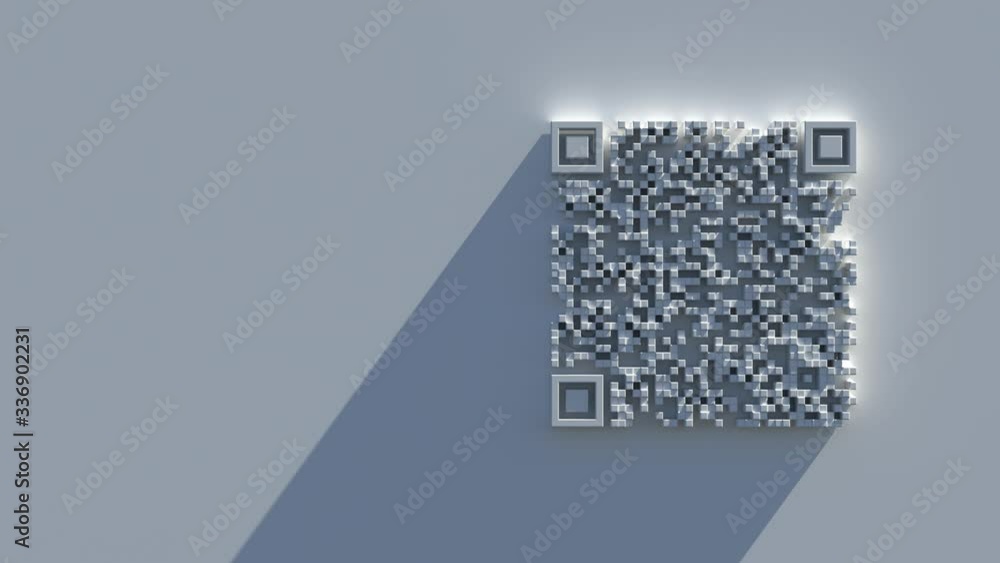 Poster 3d render of abstract qr code symbol with light effect. daylight, long shadow. side composition.