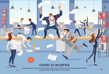 Banner Employees Panic over Covid-19 in Office. Angry Boss Shout in Chaos Office Because Failure Deadline. Stressed Vector Cartoon Characters. Office Workers Hurry up with Job. Cartoon Characters