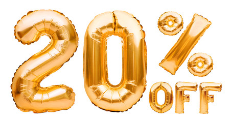 Golden twenty percent sale sign made of inflatable balloons isolated on white. Helium balloons,...