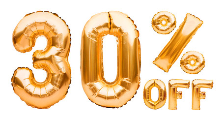 Golden thirty percent sale sign made of inflatable balloons isolated on white. Helium balloons,...