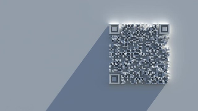 3d render of abstract QR code symbol with light effect.  Daylight, long shadow. Side composition.