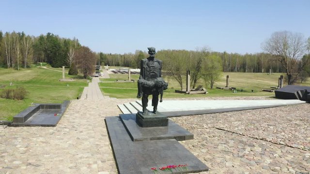 Village of Khatyn in Belarus. The Unconquered Man sculpture or memorial. Monument to burned villages and genocide of Belarussian and Soviet Union people of CCCP or USSR