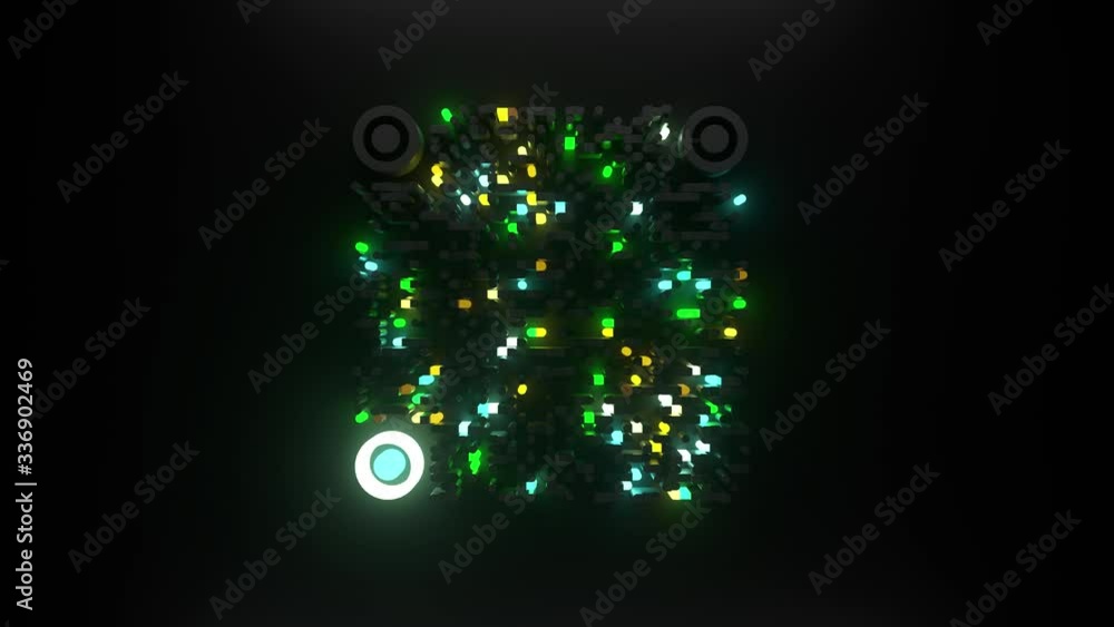 Poster 3d render of abstract qr code symbol with light effect. dark light, glow elements. center compositio