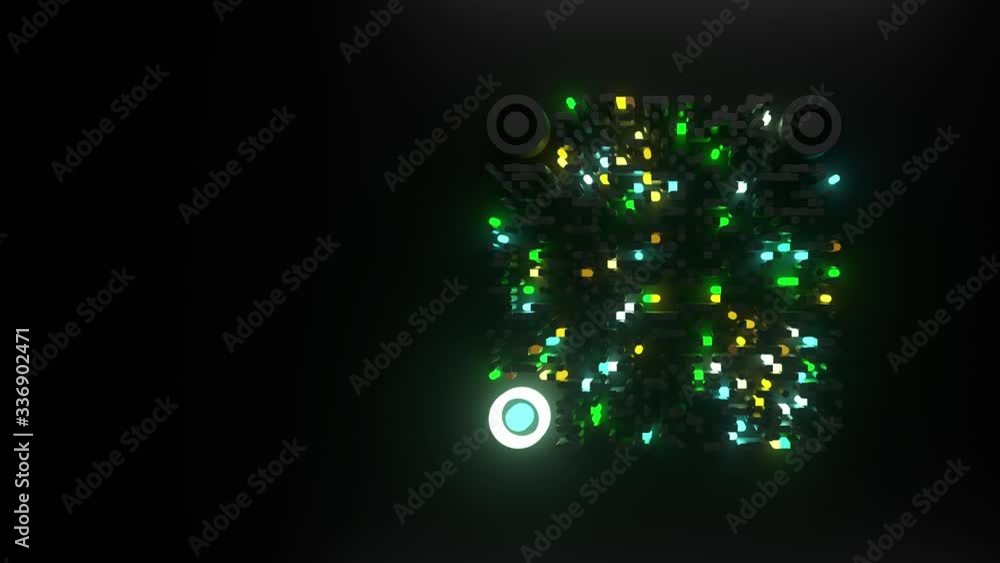 Poster 3d render of abstract qr code symbol with light effect. dark light, glow elements. side composition.